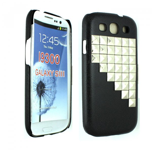 Wholesale Samsung Galaxy S3 3D Pyramids Studs Case (Silver - Black)